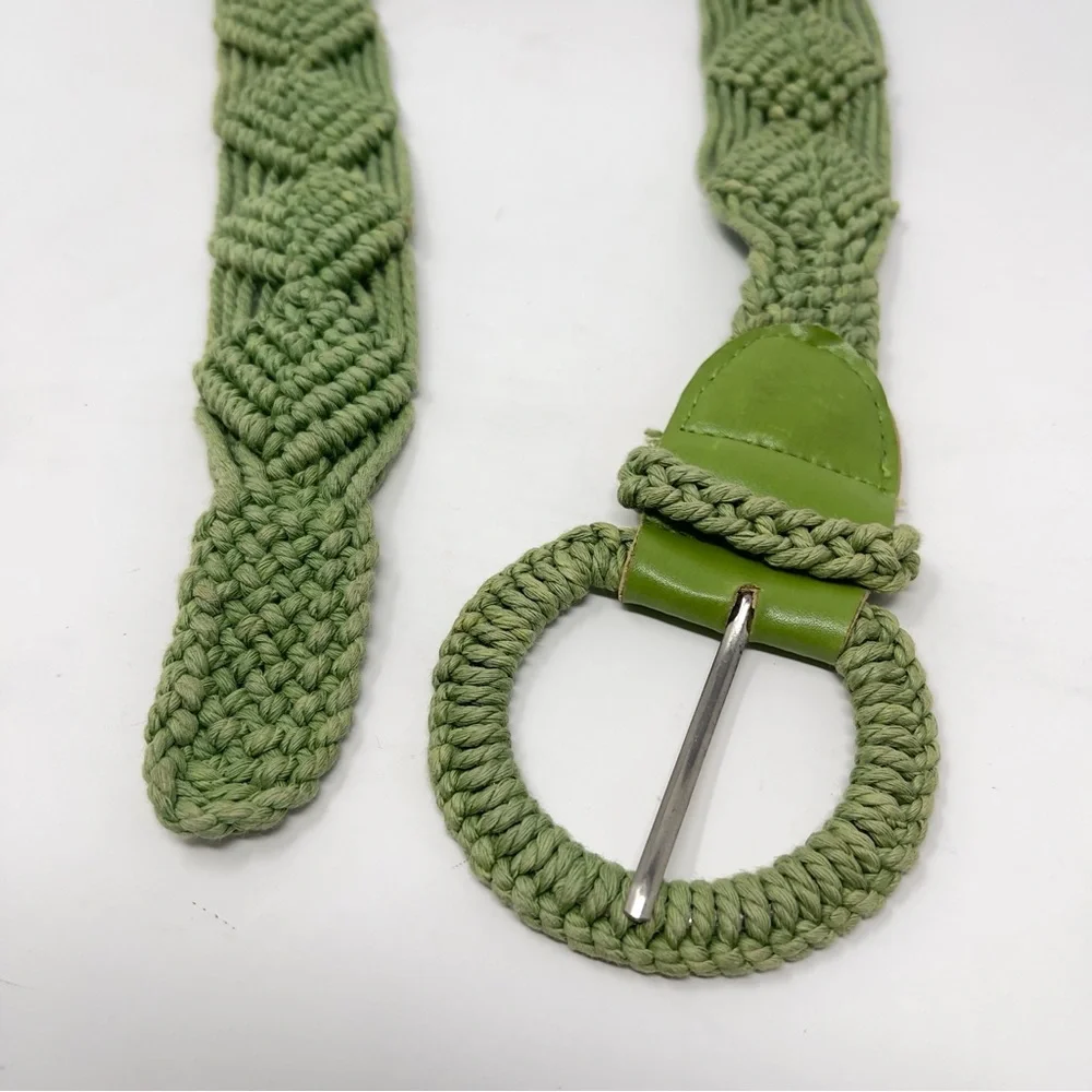 Vintage Green‎ Macrame Belt w/ Leather Trim, Boho Wide Woven Statement Belt